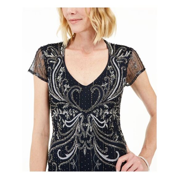 ADRIANNA PAPELL Womens Cap Sleeve V Neck Full-Length Evening Fit + Flare Dress - Picture 3 of 4